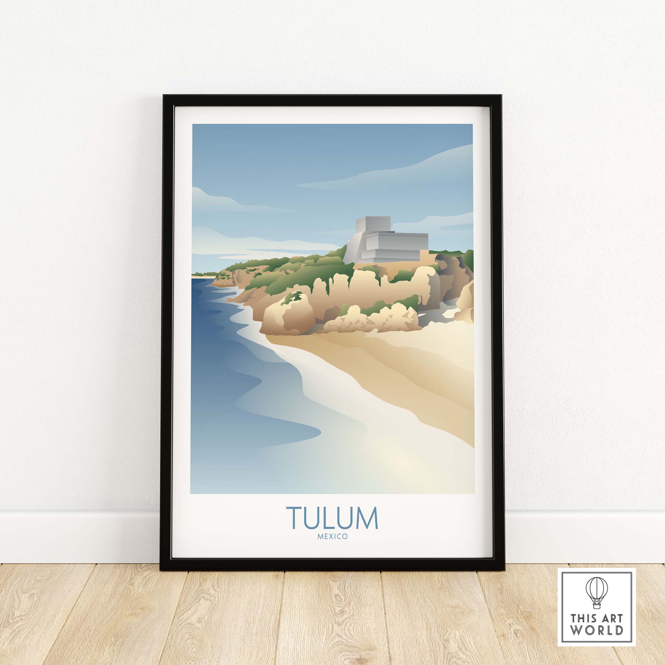 Tulum Mexico wall art print featuring vintage-inspired coastal landscape in framed design.