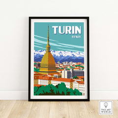 Turin Italy travel poster print featuring the Mole Antonelliana and mountains in a minimalist design by This Art World.