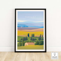 Tuscany Italy wall art poster featuring rolling hills and scenic vineyards in vibrant colors, framed for stylish decor.