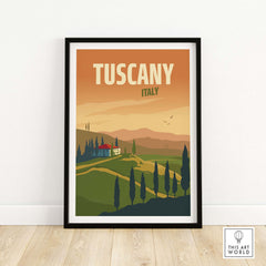 Tuscany poster wall art print featuring rolling hills and cypress trees, inspired by vintage travel designs.