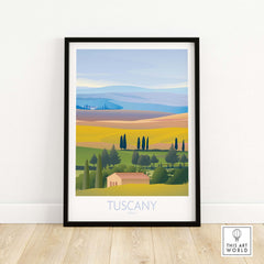 Tuscany Wall Art Print featuring a colorful landscape of hills and cypress trees, inspired by vintage travel posters.