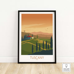 Tuscany Italy vintage travel poster print showcasing rolling hills and cypress trees, framed for stylish home decor.