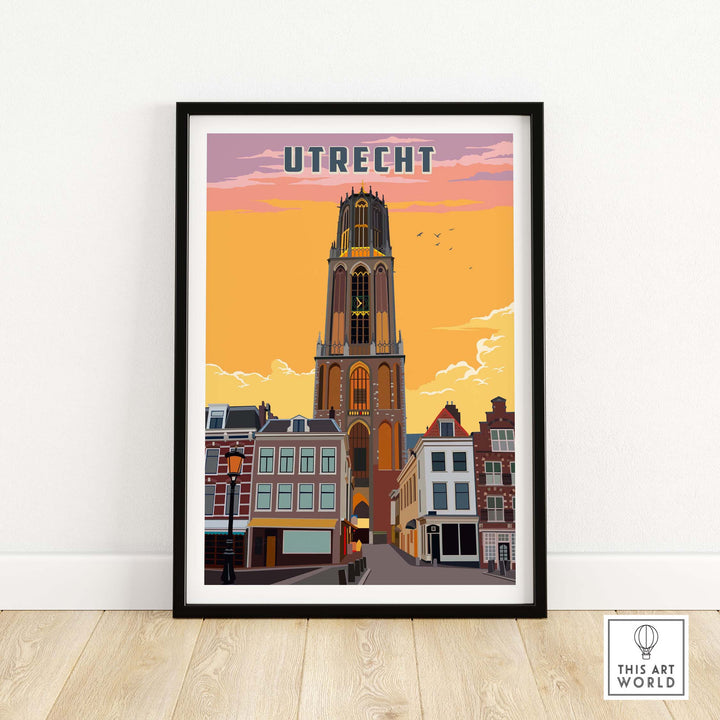 A poster of Utrecht Dom Tower at sunset in a black frame 