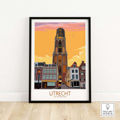 Utrecht Print Poster featuring the iconic bell tower against a sunset sky, framed art for home decor.