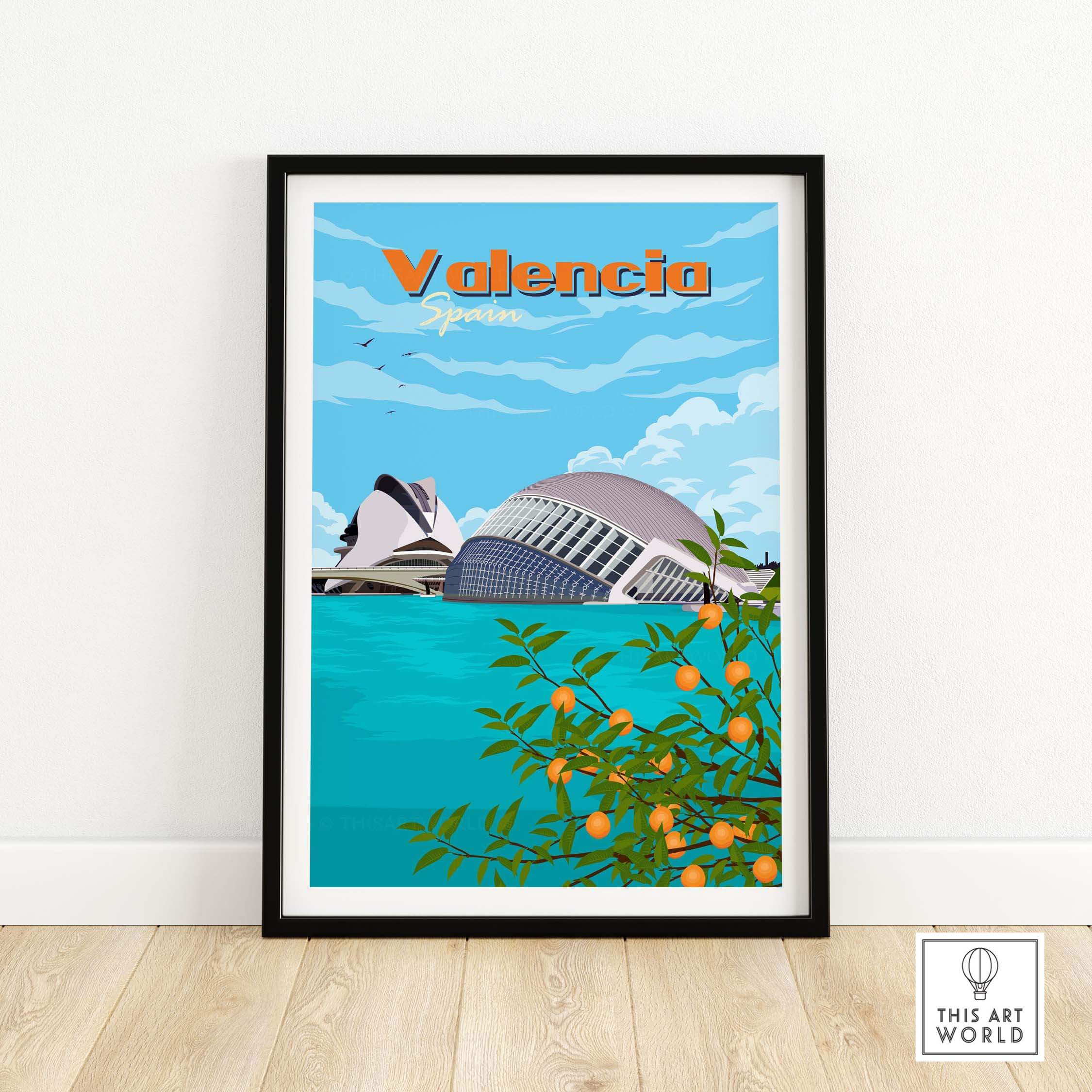 Valencia Wall Art Print featuring turquoise waters and iconic architecture of Spain, surrounded by orange trees.