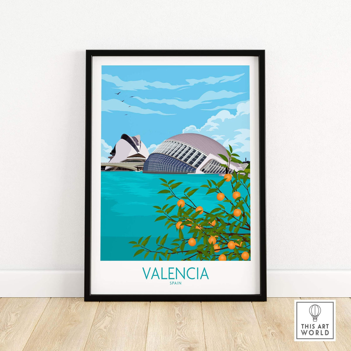 Valencia Poster Print featuring vibrant cityscape, oranges, and minimalist style, ideal for home or office decor.