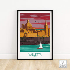 Framed Valletta Print Malta Poster showcasing the iconic skyline and vibrant colors of Valletta.