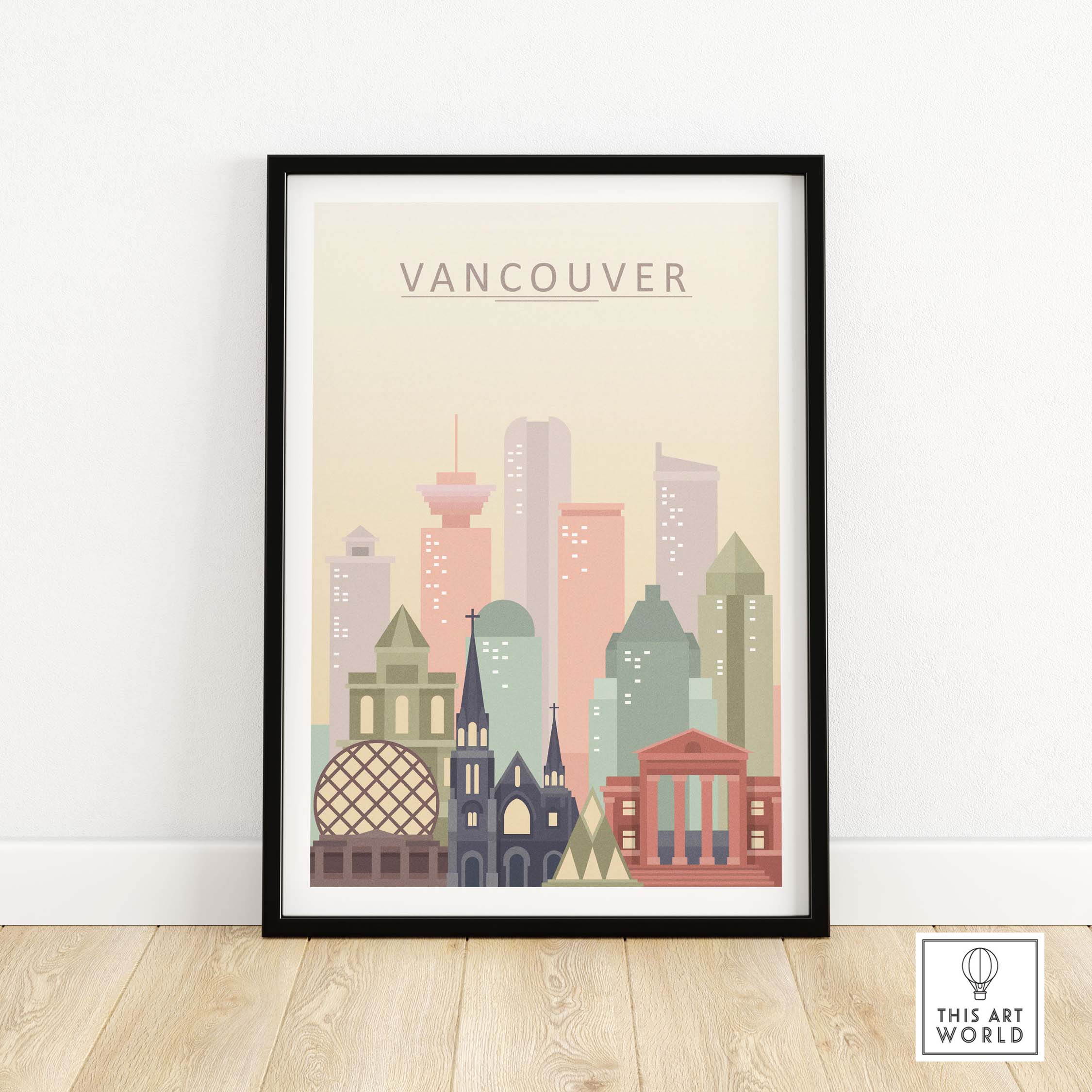 Vancouver city print wall art showcasing iconic architecture in warm pastel tones, framed for stylish decor.