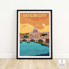 Vatican City Print featuring a vintage style illustration of St. Peter's Basilica and scenic waterfront.