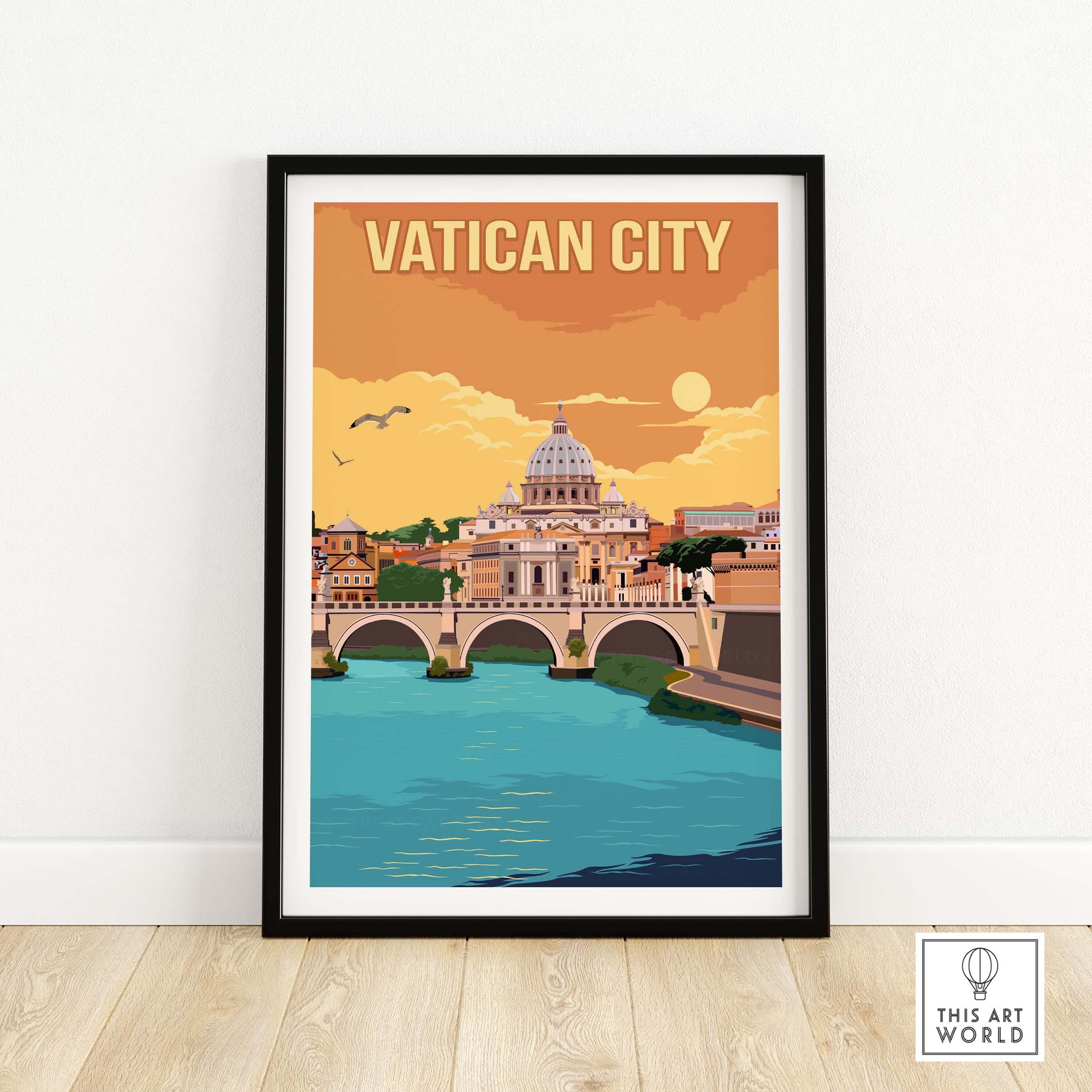 Vatican City Print featuring a vintage style illustration of St. Peter's Basilica and scenic waterfront.