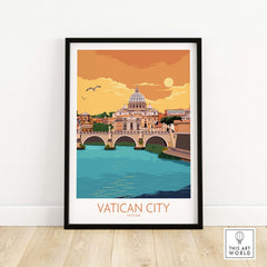 Vatican City vintage travel poster with minimalist design and vibrant colors, framed and ready for stylish wall art.