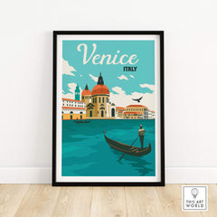 Vintage Venice wall art print featuring a gondola on the water with iconic architecture, ideal for travel enthusiasts.
