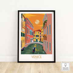 Venice travel poster print featuring colorful canals and vintage style, perfect for home or office decor.