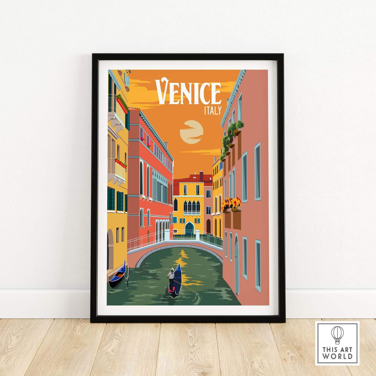Venice Italy vintage travel poster print framed art showcasing a canal at sunset with colorful buildings.