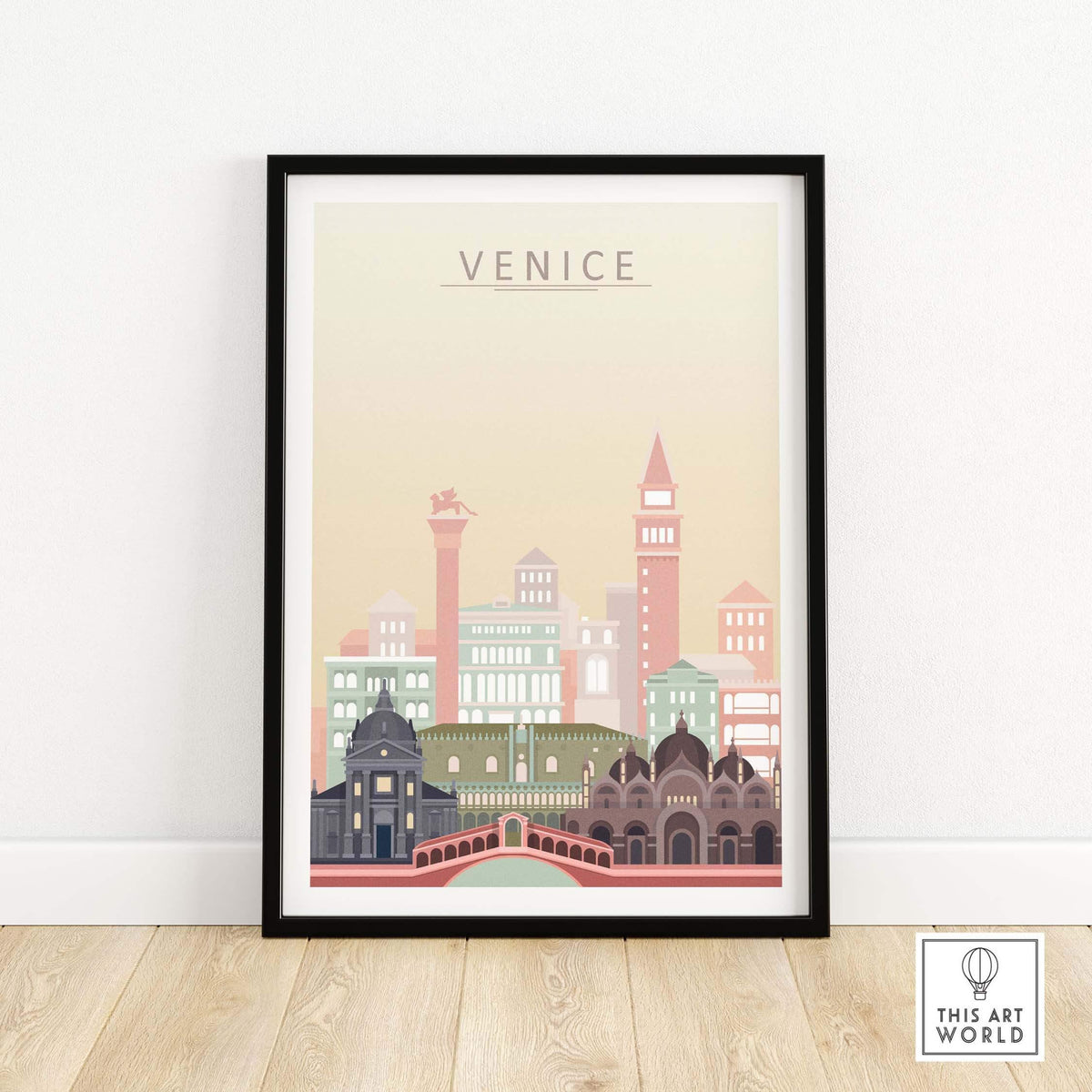 Framed Venice wall art print showcasing pastel city skyline and iconic architecture, perfect for home or office decor.