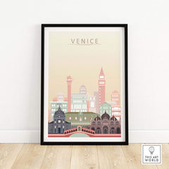 Framed Venice wall art print showcasing pastel city skyline and iconic architecture, perfect for home or office decor.
