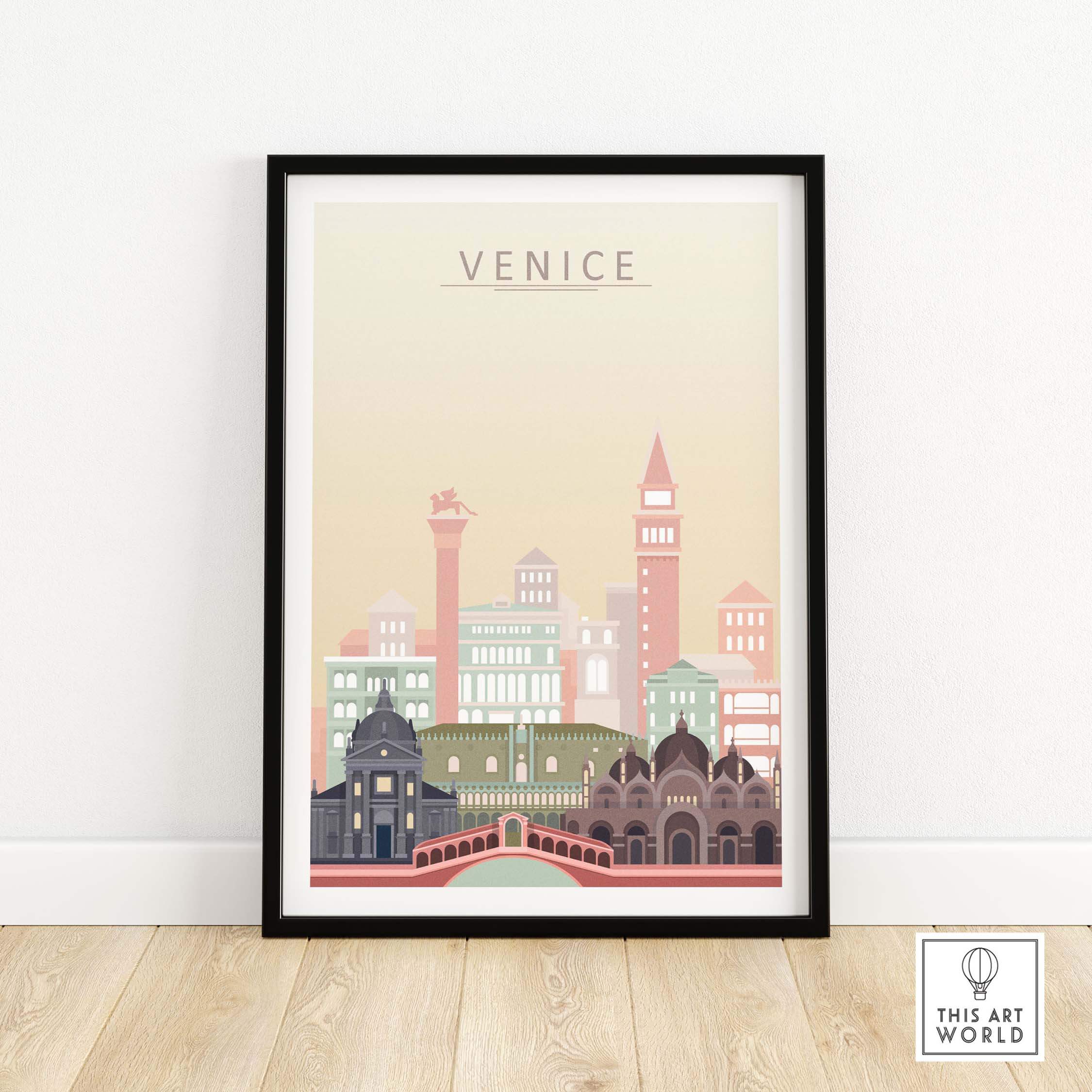 Framed Venice wall art print showcasing pastel city skyline and iconic architecture, perfect for home or office decor.