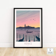 Venice Print Travel Poster featuring a romantic sunset over gondolas and city skyline, perfect for home or office decor.