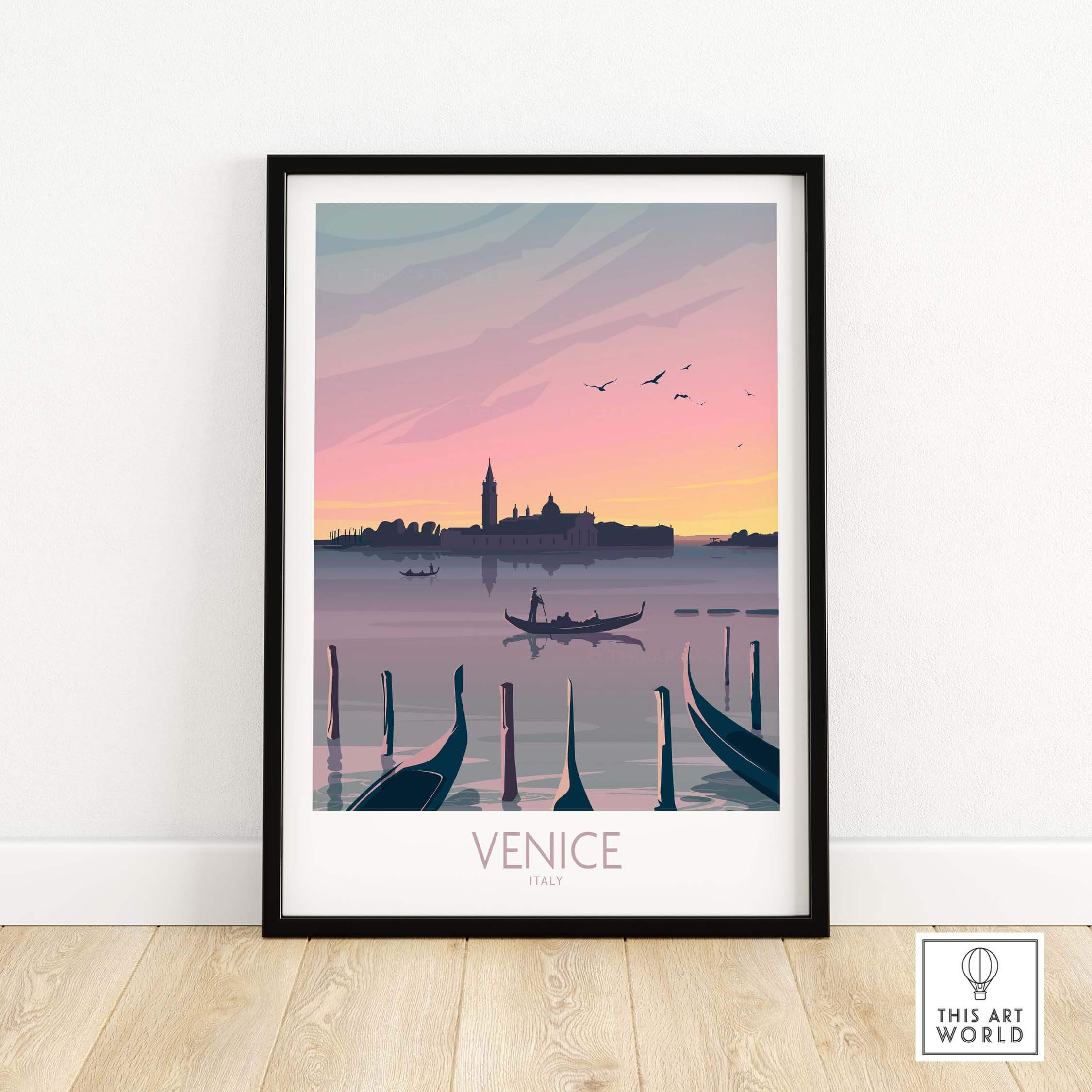 Venice Print Travel Poster featuring a romantic sunset over gondolas and city skyline, perfect for home or office decor.