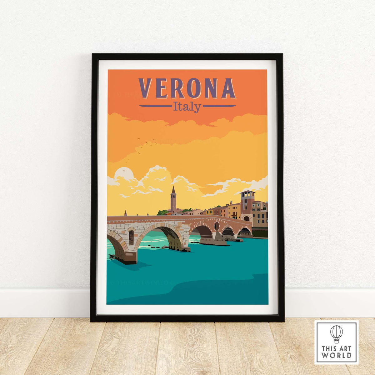 Framed Verona Italy print featuring a scenic bridge and sunset colors, inspired by vintage travel posters.