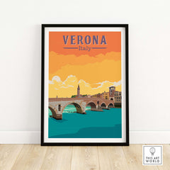 Framed Verona Italy print featuring a scenic bridge and sunset colors, inspired by vintage travel posters.