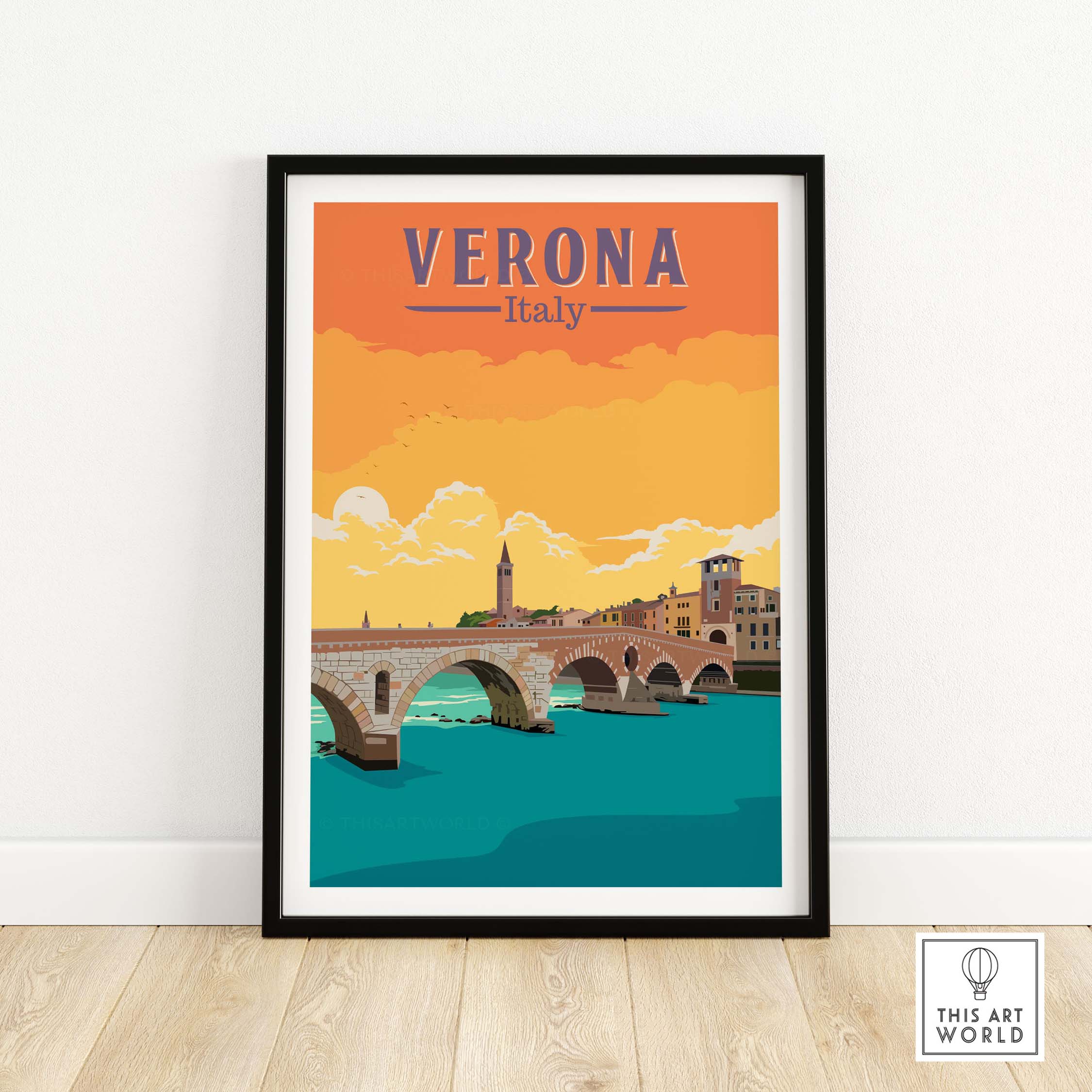 Framed Verona Italy print featuring a scenic bridge and sunset colors, inspired by vintage travel posters.