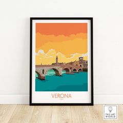 Verona Italy poster artwork featuring a vibrant illustration of a bridge and skyline.