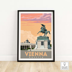 Vienna Poster Austria Print featuring a vintage-style artwork of a statue and architecture, perfect for travel enthusiasts.