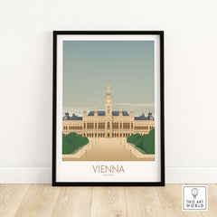 Vienna wall art print featuring a vintage-inspired illustration of the city's architecture, framed in a stylish black frame.