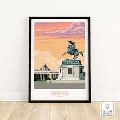 Stylish Vienna Print Austria Travel Poster featuring a historical monument and vibrant sunset backdrop.