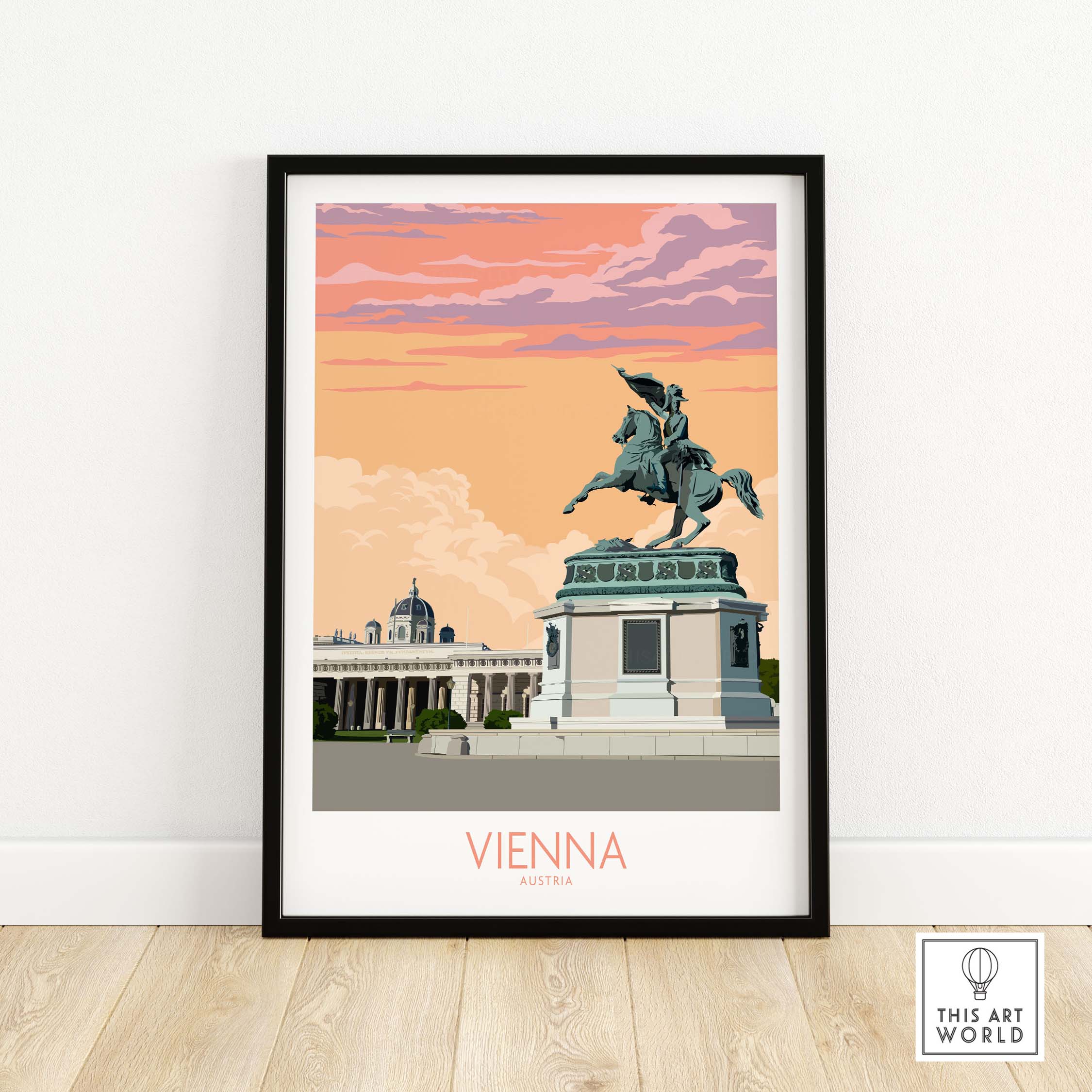 Stylish Vienna Print Austria Travel Poster featuring a historical monument and vibrant sunset backdrop.