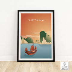 Vietnam wall art poster featuring Ha Long Bay and traditional boat in vintage style.