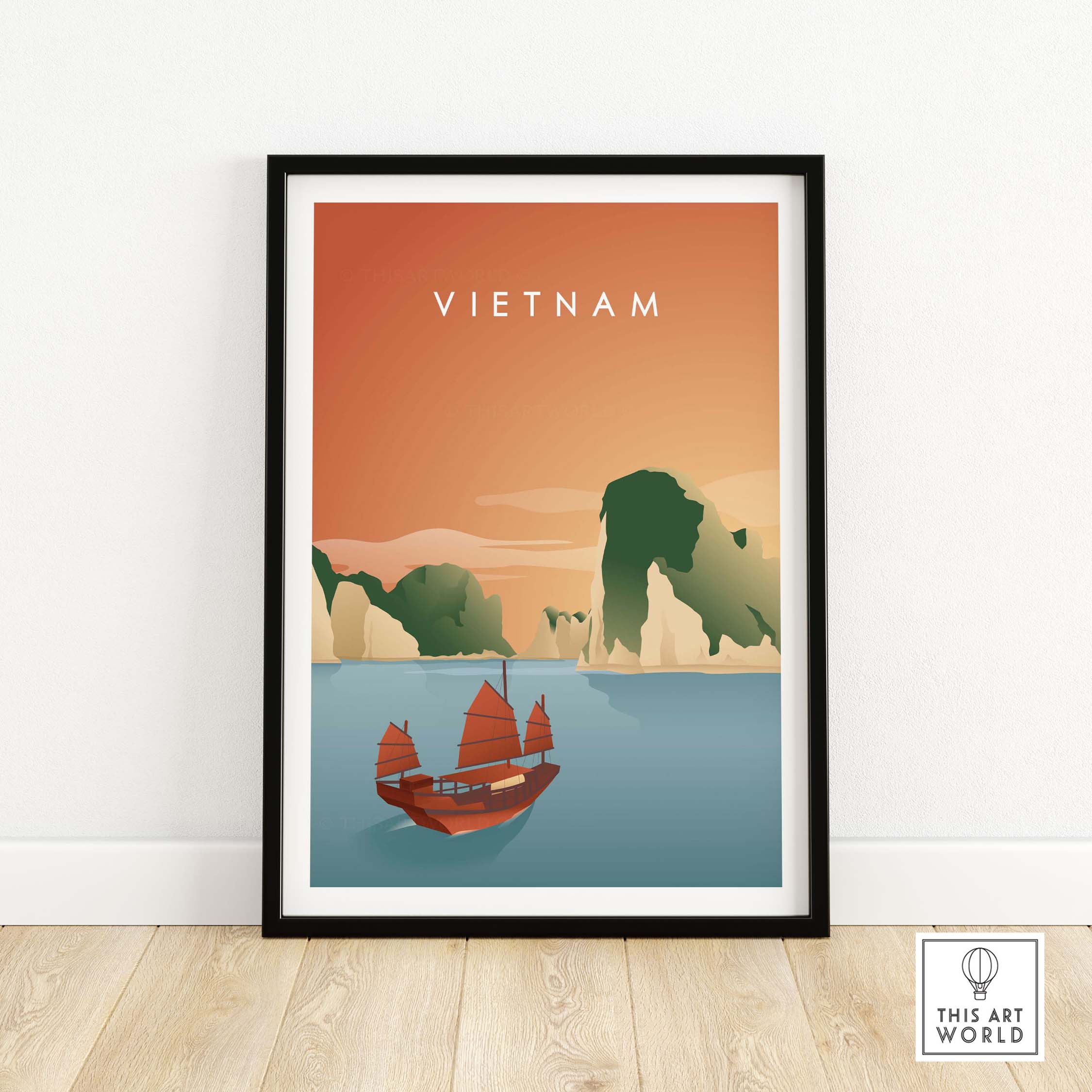 Vietnam wall art poster featuring Ha Long Bay and traditional boat in vintage style.