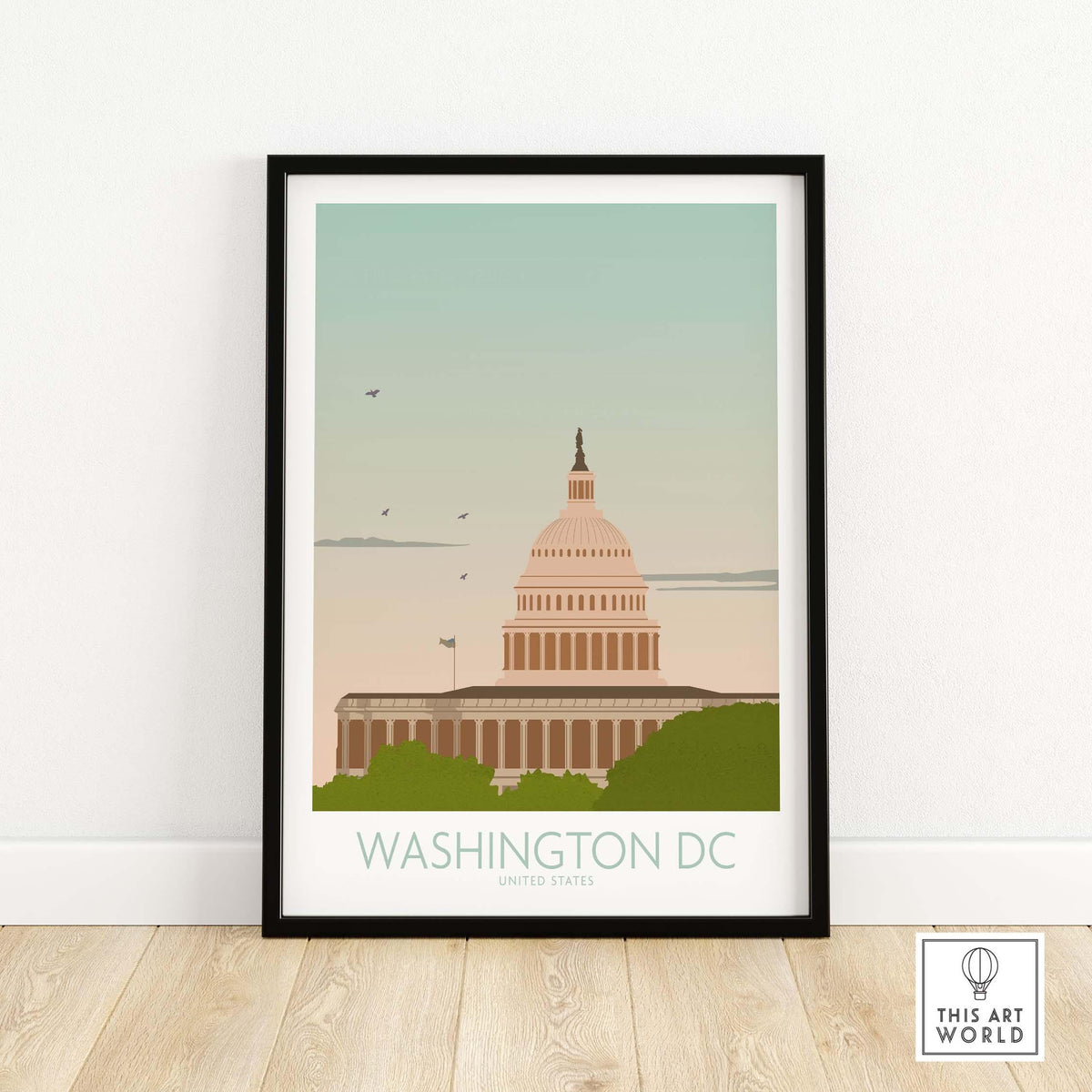 Washington DC wall art print featuring the Capitol building in a vintage style frame.