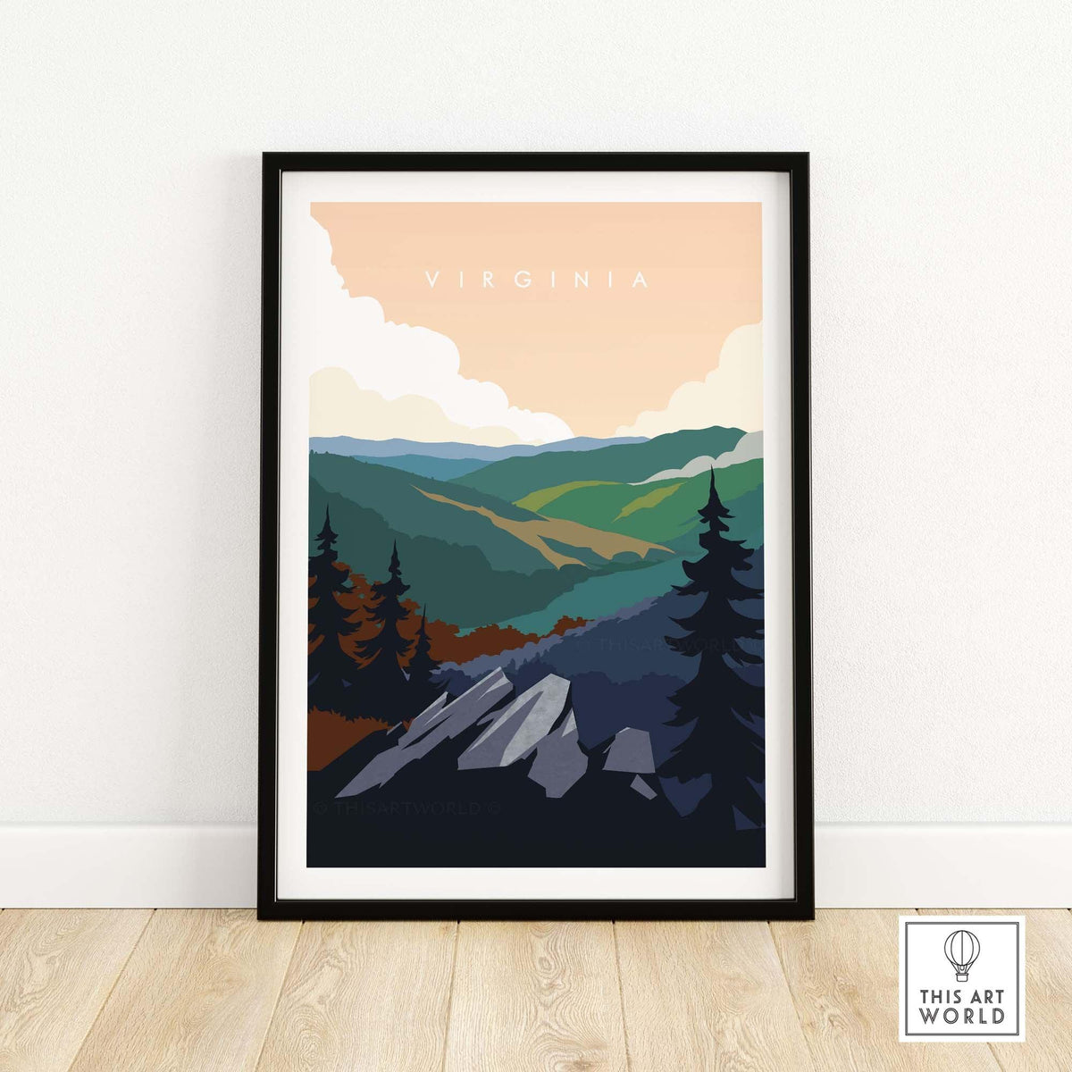 Virginia Travel Poster Print framed, depicting mountains and wilderness in a minimalist vintage style.