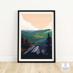 Virginia Travel Poster Print framed, depicting mountains and wilderness in a minimalist vintage style.