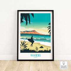 Waikiki Hawaii poster print featuring surfer at the beach with vibrant vintage style, perfect for home decor.
