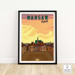 Vintage Warsaw Poster showcasing the beautiful city skyline of Poland in warm sunset hues.