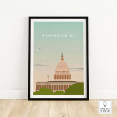 Washington DC vintage poster print featuring the Capitol building, stylish wall art for home or office decor.