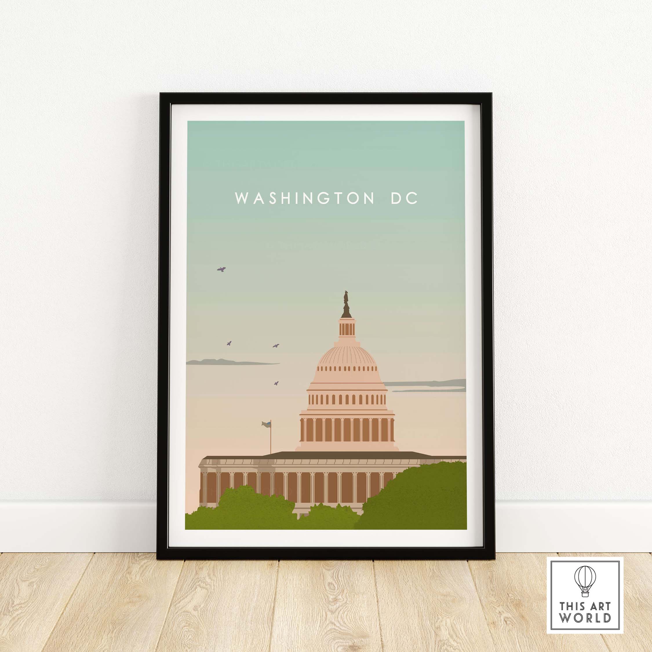 Washington DC vintage poster print featuring the Capitol building, stylish wall art for home or office decor.