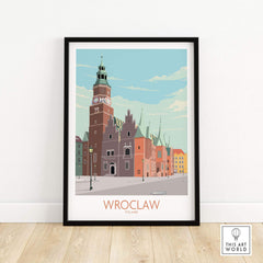 Wroclaw Poland travel poster featuring colorful vintage architecture framed for stylish wall art.