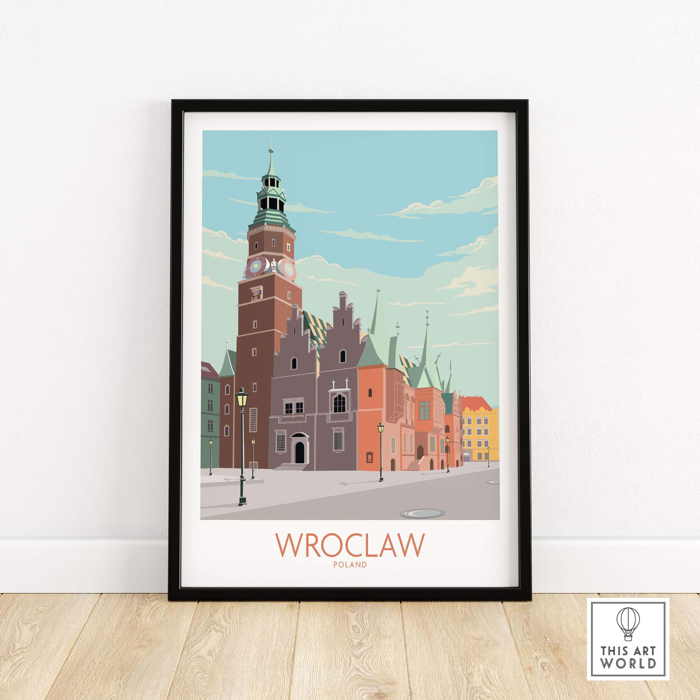 Wroclaw Poland travel poster featuring colorful vintage architecture framed for stylish wall art.