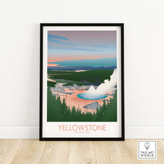 Yellowstone National Park art print showcasing minimalist landscape design with vibrant colors and framed in a stylish black frame.