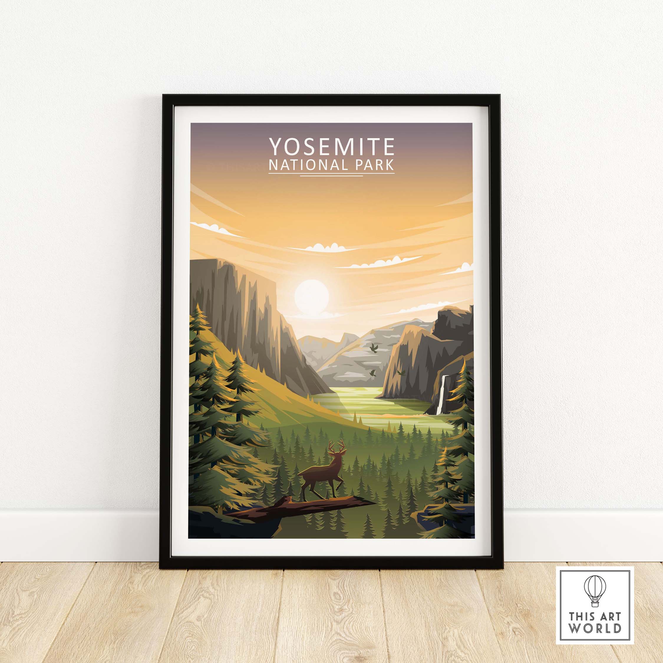 Yosemite National Park poster featuring a scenic landscape and deer, framed in a modern style for stylish home decor.
