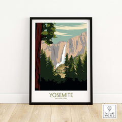 Yosemite Park poster print featuring a waterfall and forest, inspired by vintage National Park art.