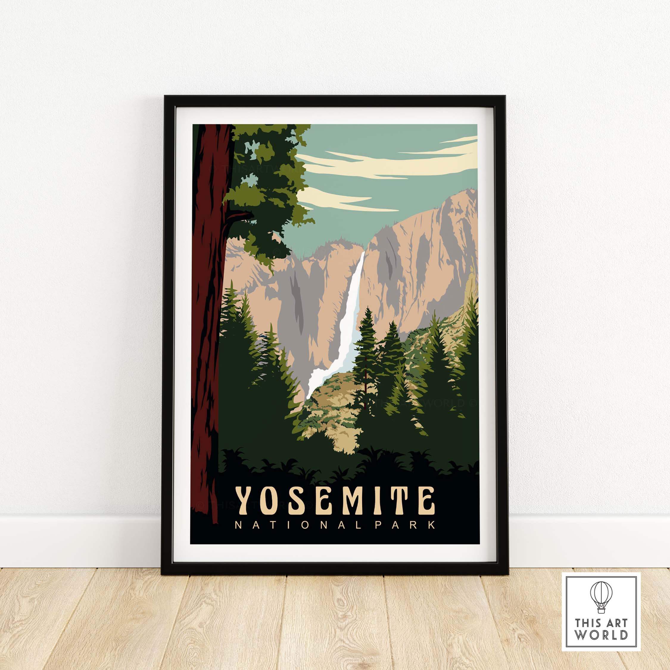 Yosemite National Park print featuring a waterfall and vintage style graphics in a framed artwork.