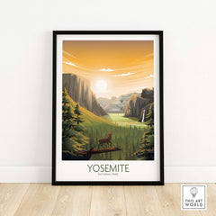 Yosemite National Park wall art poster featuring a serene landscape with mountains and wildlife in a minimalist style.