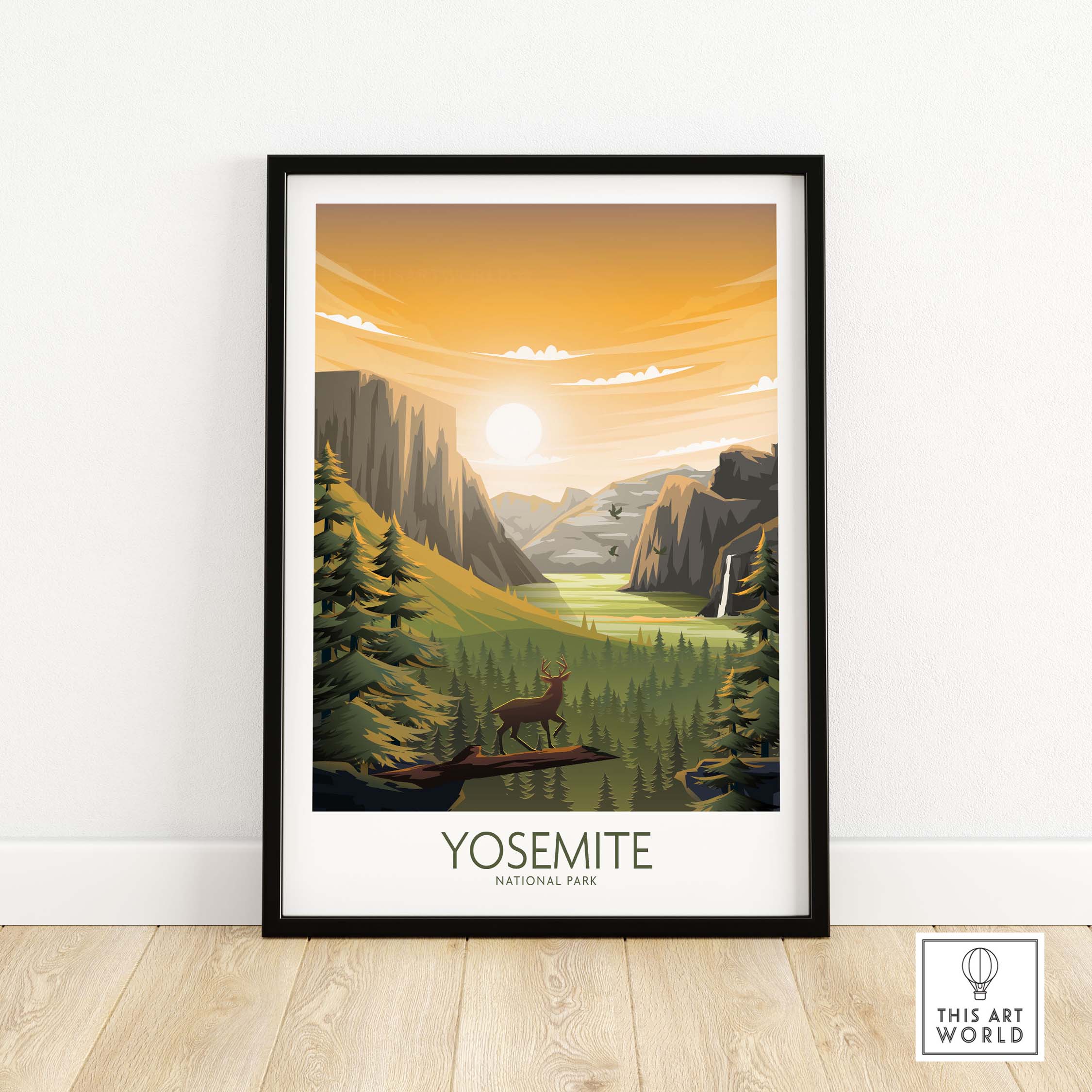 Yosemite National Park wall art poster featuring a serene landscape with mountains and wildlife in a minimalist style.