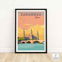 Zaragoza Spain print featuring vintage travel poster design with iconic architecture and sunset colors.