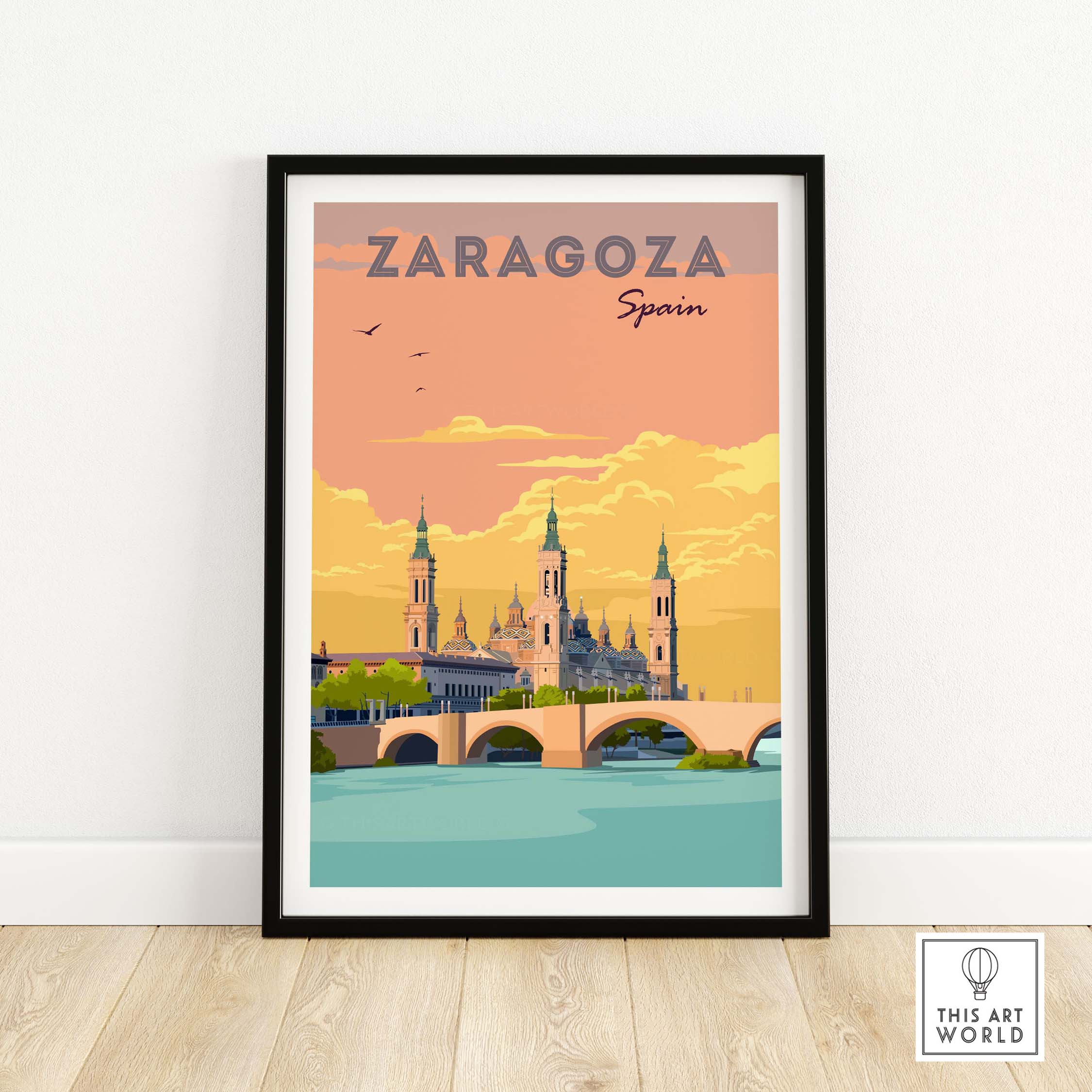 Zaragoza Spain print featuring vintage travel poster design with iconic architecture and sunset colors.